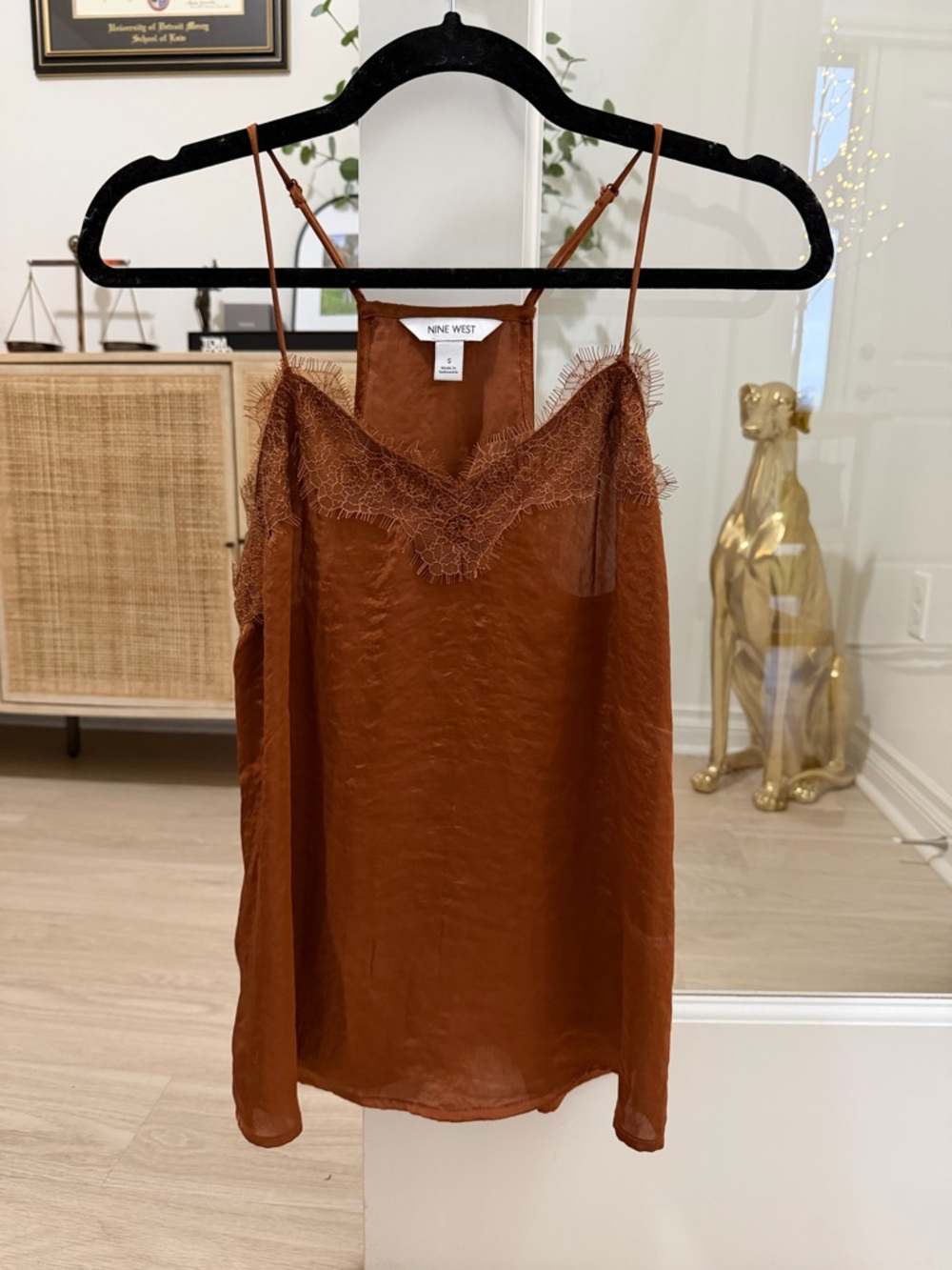 Nine West Rust Lace-Trim Satin Cami Top